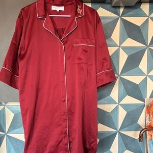 Elegant Burgundy Satin Embroidered Button Down Sleep Shirt